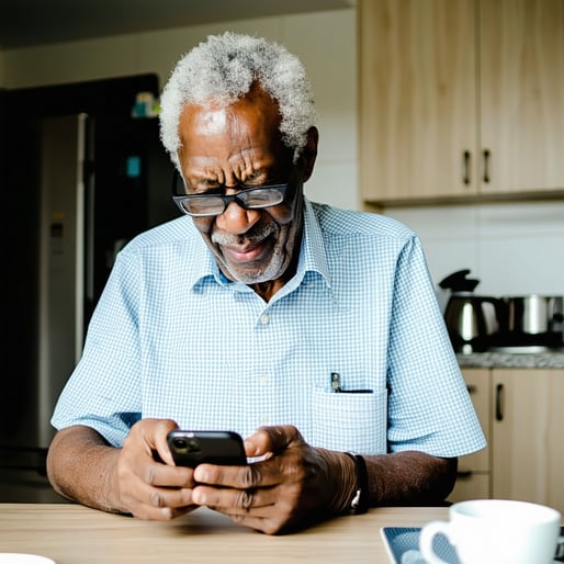an older black man sitting at his kitchen table squinting his eyes while trying to read his cell phone screen